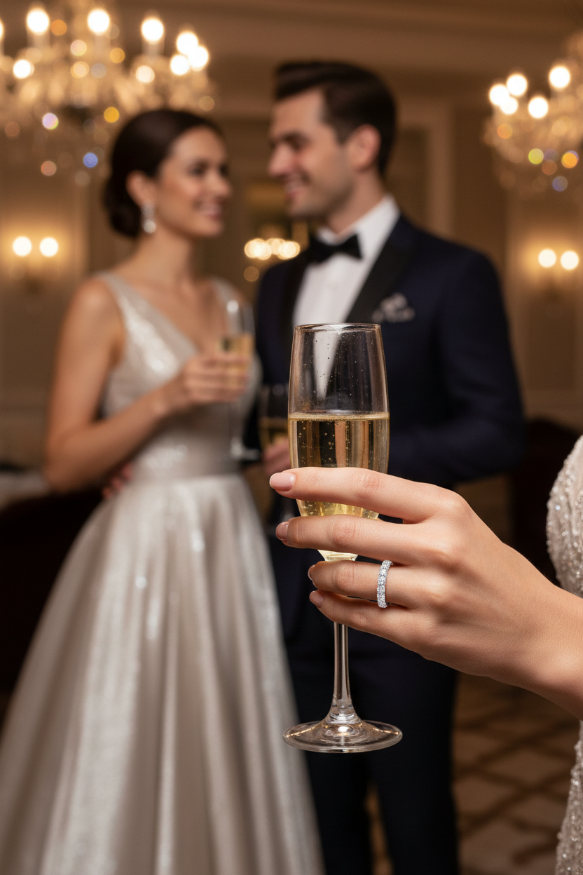 Silver moissanite diamond row ring on a hand resting on a champagne flute.