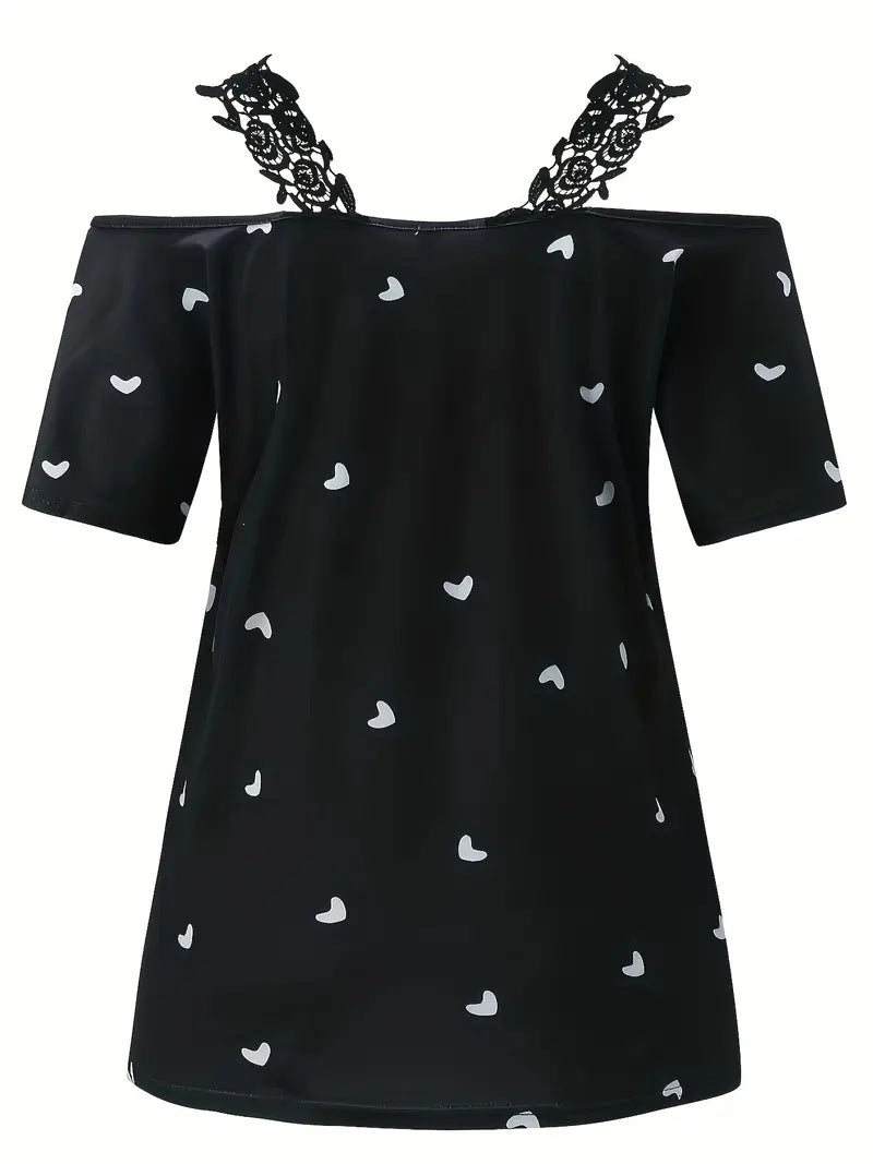 New Short-sleeved Lace Heart Print T-shirt Women's Top