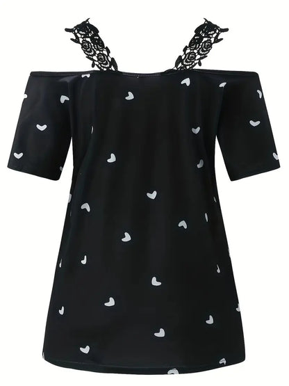 New Short-sleeved Lace Heart Print T-shirt Women's Top