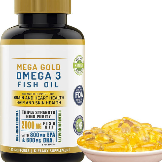 Fish oil softgel bottle with gold cap and clear oval softgels in bowl