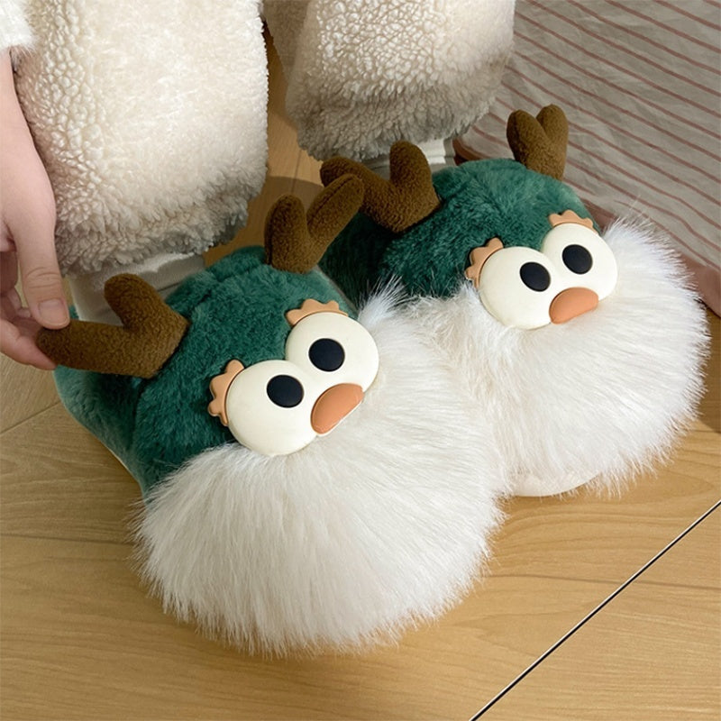 Cute Cartoon Christmas Deer Cotton Winter Slippers Half-covered Heel Plush Shoes