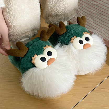 Cute Cartoon Christmas Deer Cotton Winter Slippers Half-covered Heel Plush Shoes