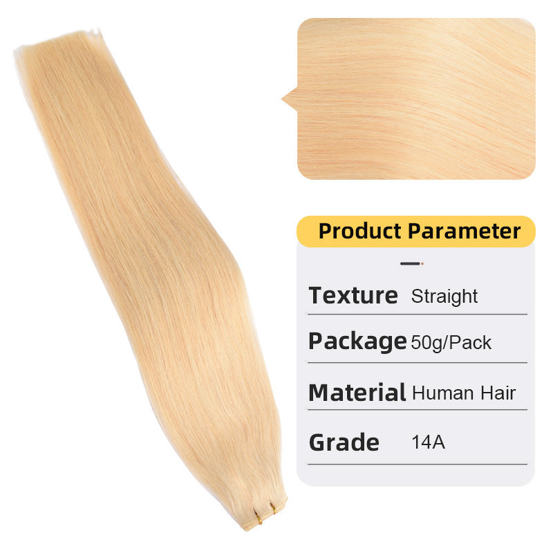 Straight real hair extension weft, light blonde hair with stitched top