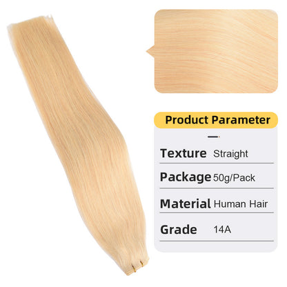 Straight real hair extension weft, light blonde hair with stitched top