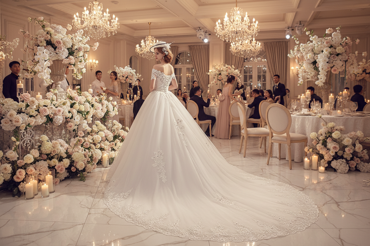 White one-shoulder lace wedding dress with fitted waist and long flowing train, side view