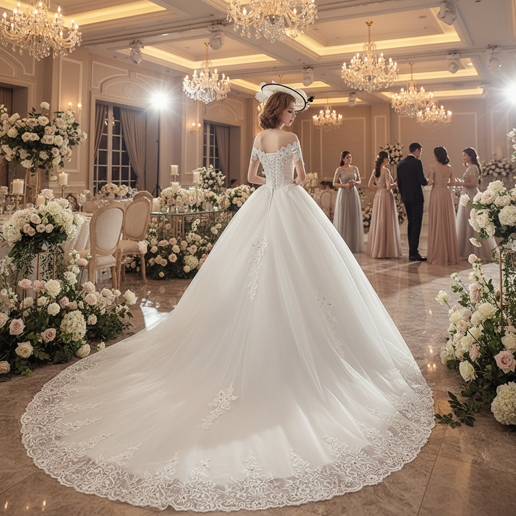 White one-shoulder lace wedding dress with embroidered bodice and long veil train, back view