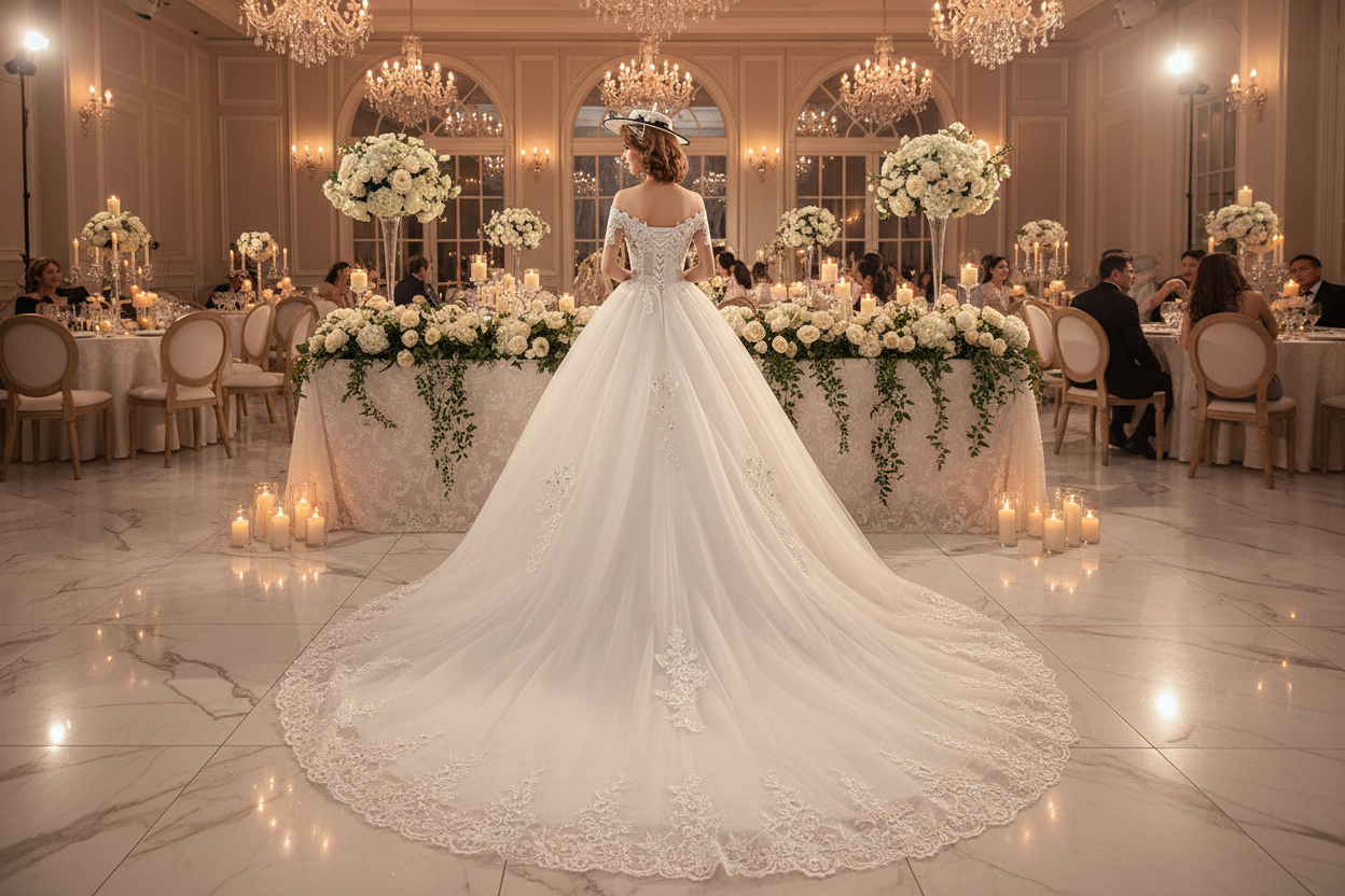 White one-shoulder lace wedding dress with lace veil and sweeping train, back view