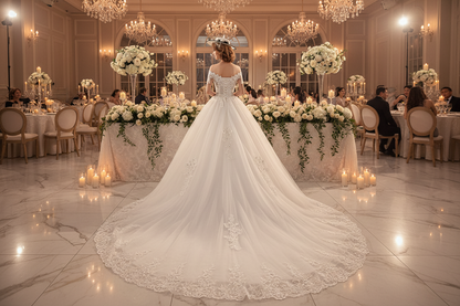 White one-shoulder lace wedding dress with lace veil and sweeping train, back view