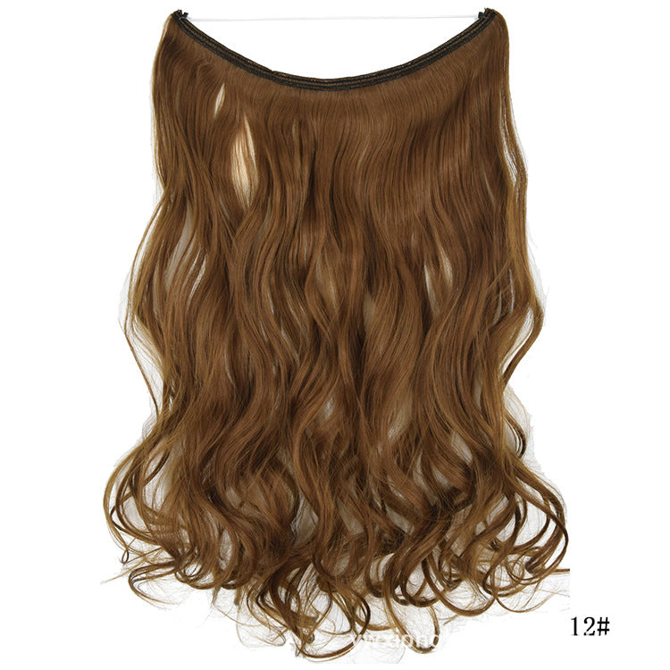 Seamless one-piece hair extension wig in caramel brown, wavy long hairpiece