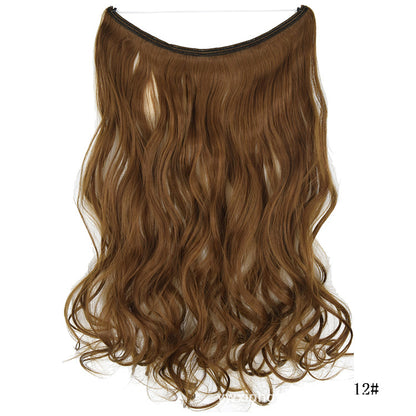 Seamless one-piece hair extension wig in caramel brown, wavy long hairpiece
