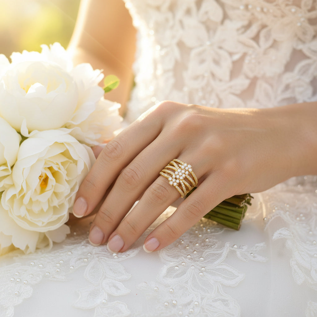 Gold-toned diamond ring set with stacked bands on hand