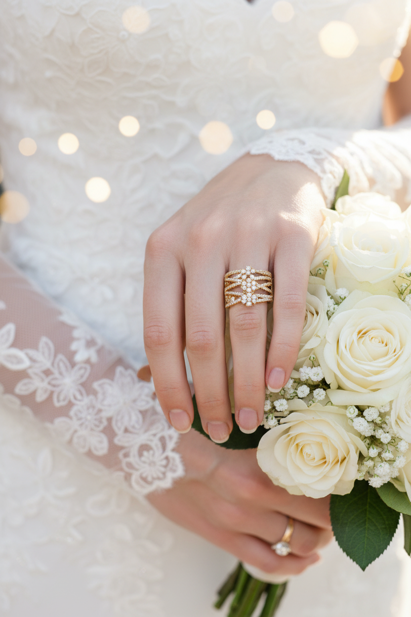 Gold-tone wedding ring set with clustered stones, worn on finger