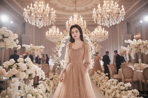 Khaki embellished bridesmaid dress with square neckline, long sleeves, and full tulle skirt
