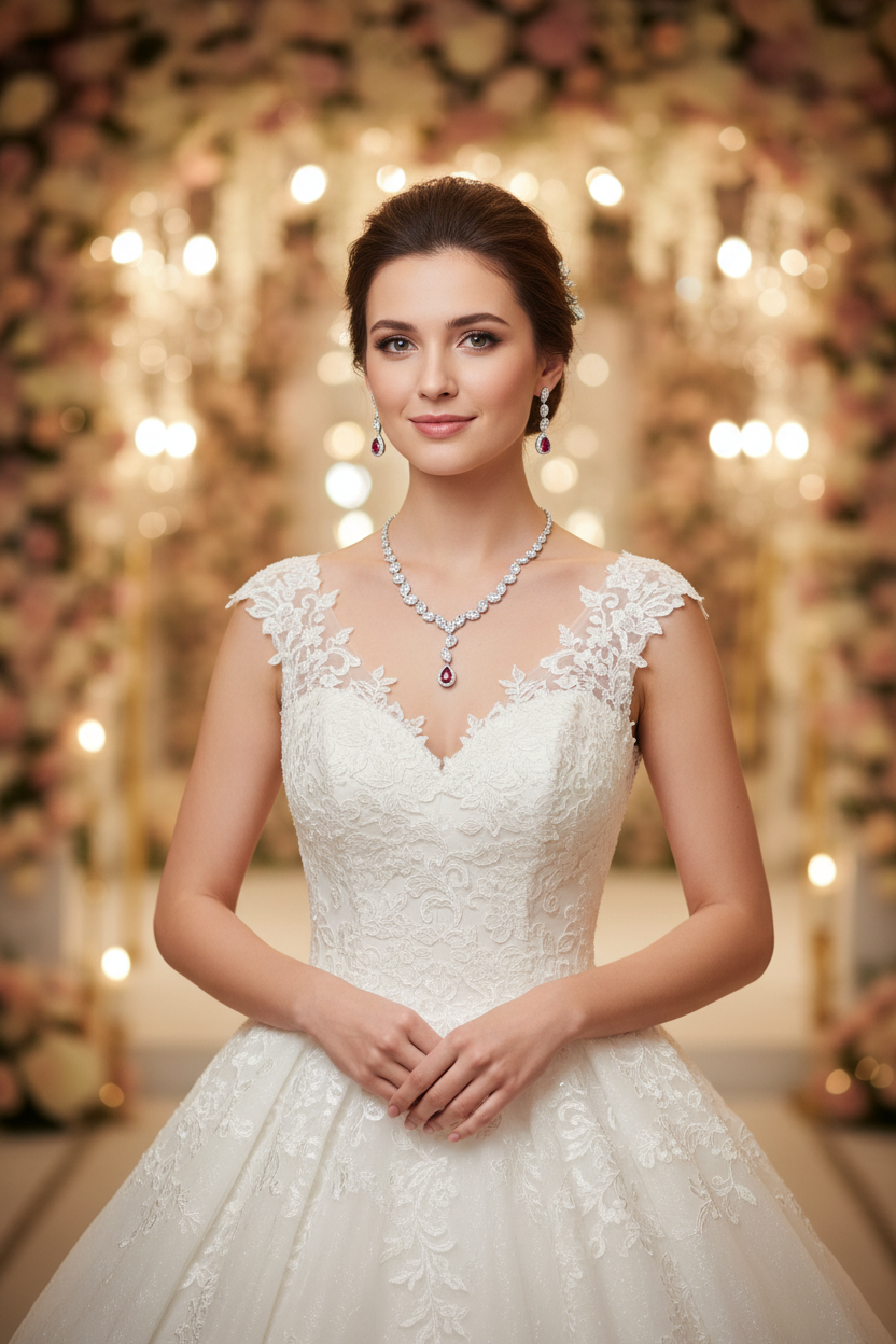 White lace sleeveless wedding dress with zircon necklace and drop earrings