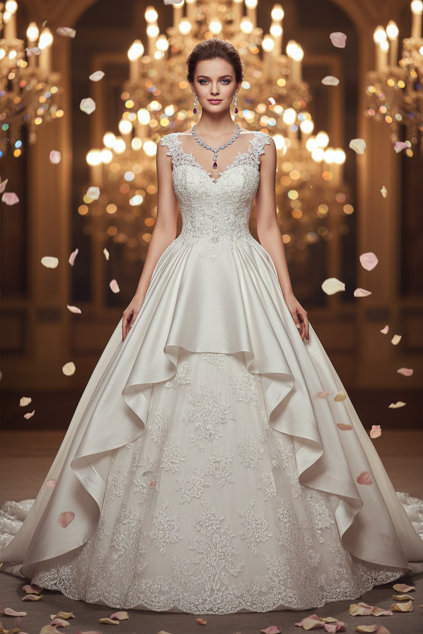 White lace sleeveless wedding dress with zircon necklace and drop earrings