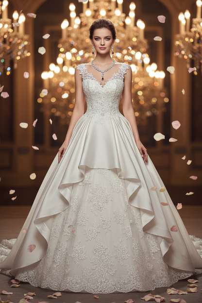 White lace sleeveless wedding dress with zircon necklace and drop earrings