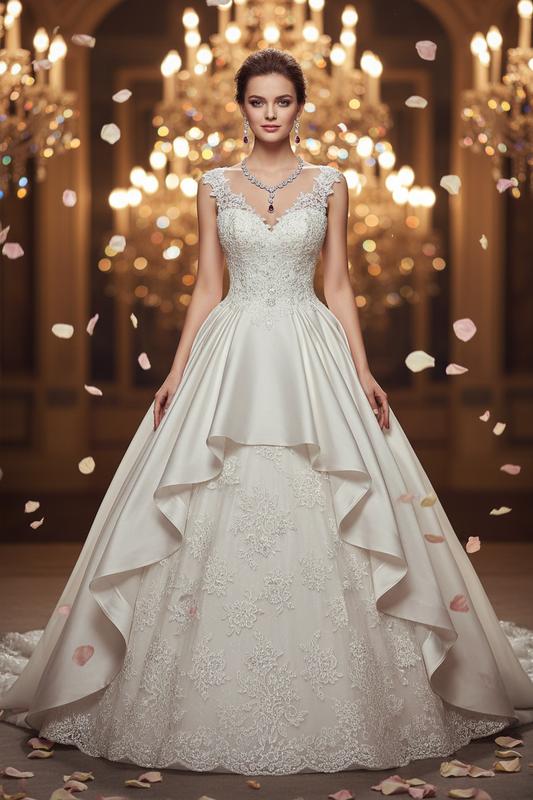White lace sleeveless wedding dress with zircon necklace and drop earrings