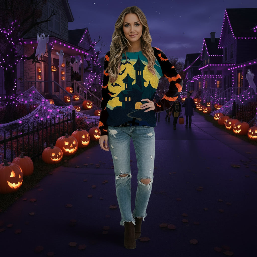 Halloween Cartoon Print Sweatshirt Long Sleeve Pullover Tops Women