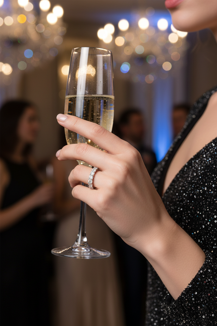 Silver band ring with clear stones, shown while holding a champagne flute