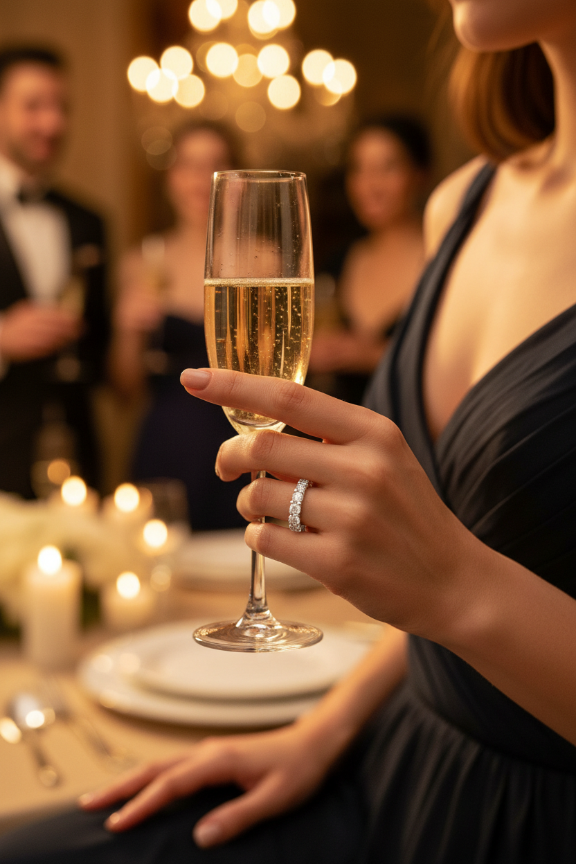 Silver ring with clear stone row on finger while holding a champagne glass