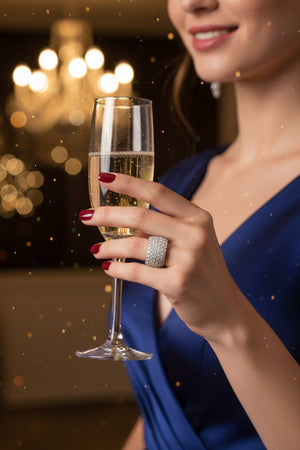 Wide silver diamond-row ring with glittering stones on finger.