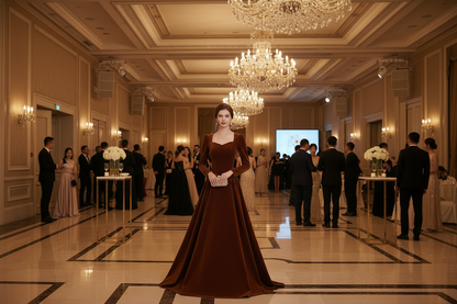 Brown velvet long-sleeve host dress with fitted bodice and wide flowing hem