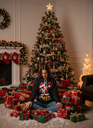 Black hooded sweatshirt with front Christmas print and kangaroo pocket, worn with jeans