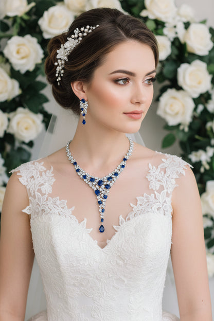 Zircon necklace and earring set with blue zircon drop earrings and matching necklace