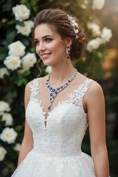 White lace wedding dress with blue rhinestone necklace and dangling blue earrings