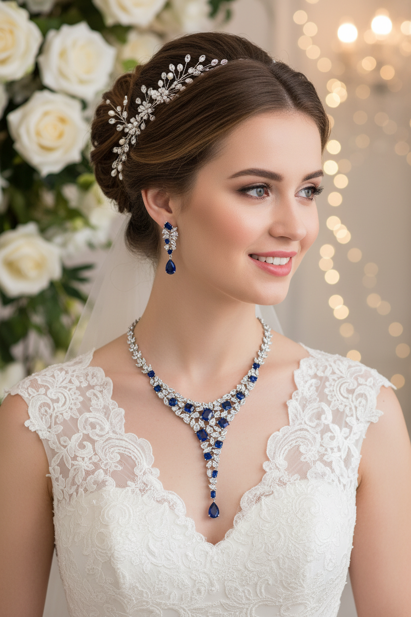 White wedding dress with blue rhinestone necklace and matching blue drop earrings