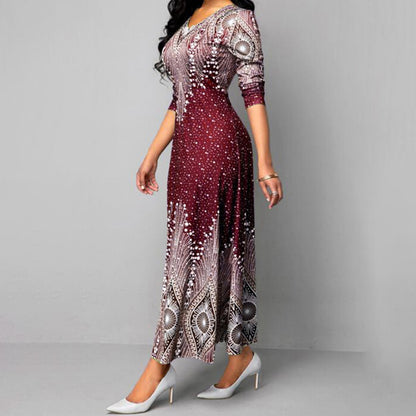 Women's Plus Size Elegant V-Neck Long Sleeve A-Line With Starry Sky Print, Slim-Fit Flowy Maxi Dress