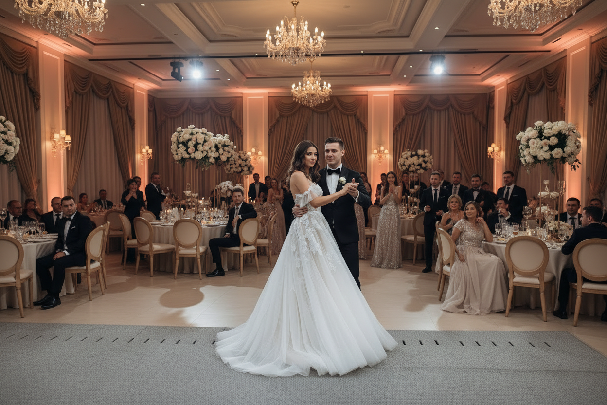 Ivory lace wedding gown with strapless neckline and long A-line skirt