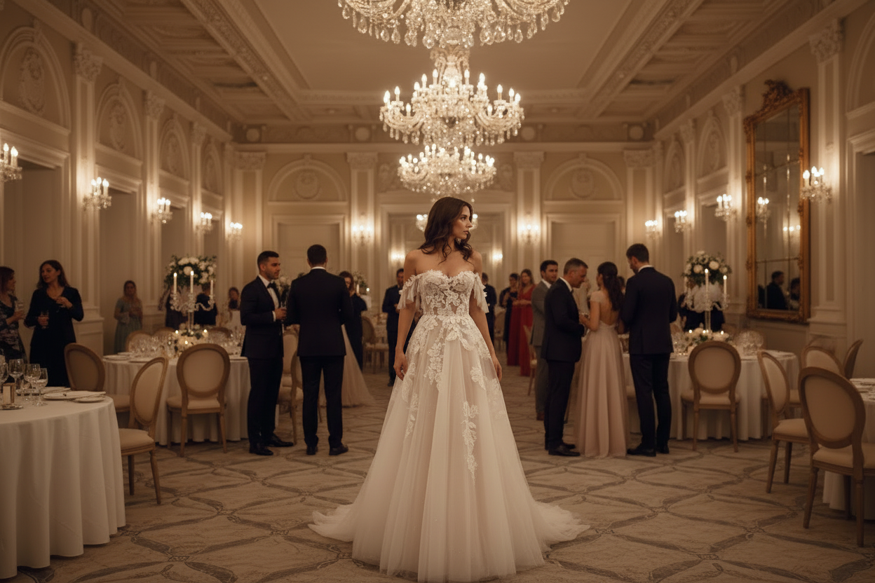 Lace wedding gown viewed from behind with off-shoulder neckline and train