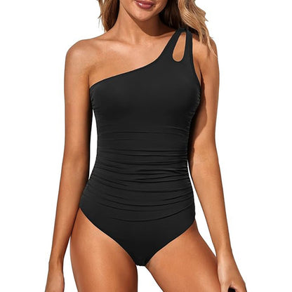 Women's Tummy Control One Piece Swimsuit, One Shoulder Full Coverage Bathing Suit