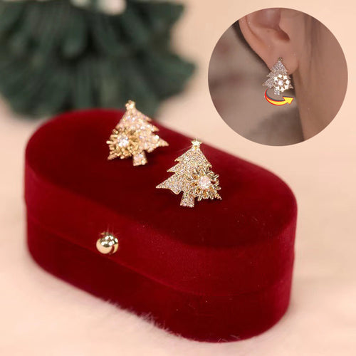 Rotatable Christmas Tree Shiny Rhinestone Snowflake Stud Earring Jewelry Gifts