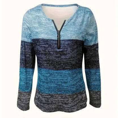 Women's Geometric Color Block V-Neck Zip Detail Long Sleeve T-Shirt all Casual Slim Fit Top