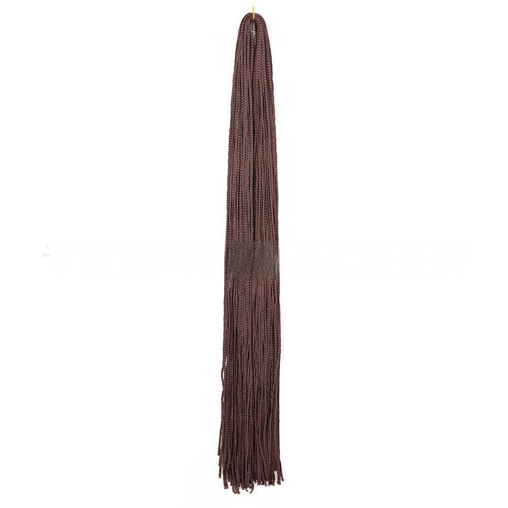 Dark brown braided crochet hair extensions bundle with long straight strands and fringed ends.