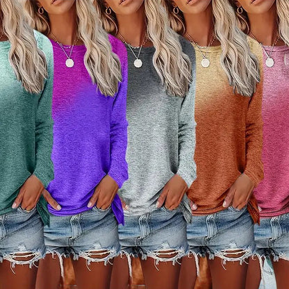 5 Pack Women's Casual Gradient Color Round Neck Long Sleeve Tops Set