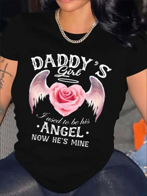 Black crew-neck T-shirt front print with Daddy's Girl text and angel wings