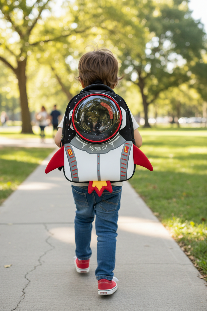 Kids astronaut backpack, black with red trim, front rocket panel and round bubble window