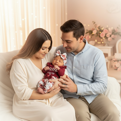 Newborn Baby Girl 'Hello I'm New Here' Romper Set Includes Floral Pants, Hat, Headband, & Coming Home Outfit