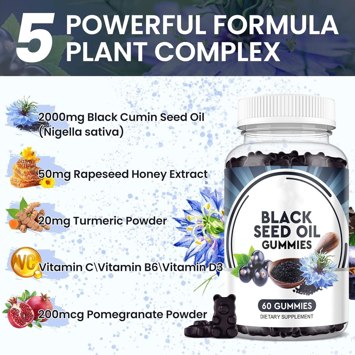 Black seed oil gummies supplement bottle with ingredient callouts and dosages