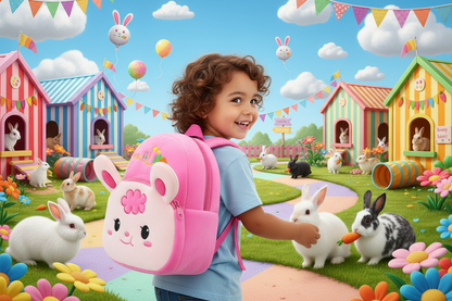 Pink plush bunny schoolbag with long ears and smiling face