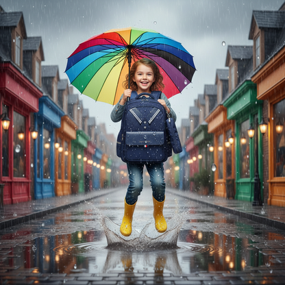 Children's waterproof backpack in dark navy with front pocket, standing with umbrella