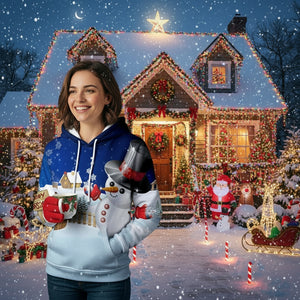 Blue Christmas hoodie with hood and snowman-and-winter character graphic