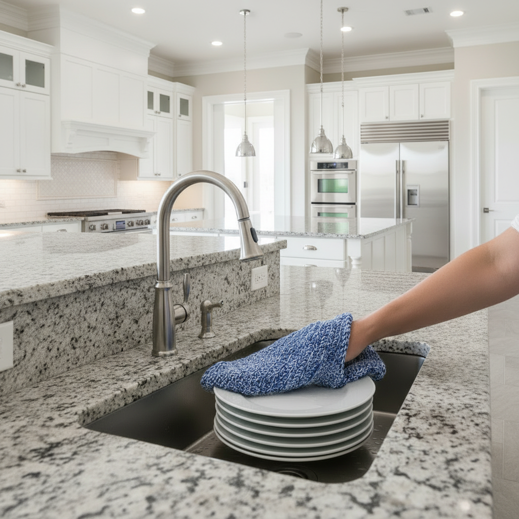 Folded blue cotton dish cloth beside stacked plates in sink area
