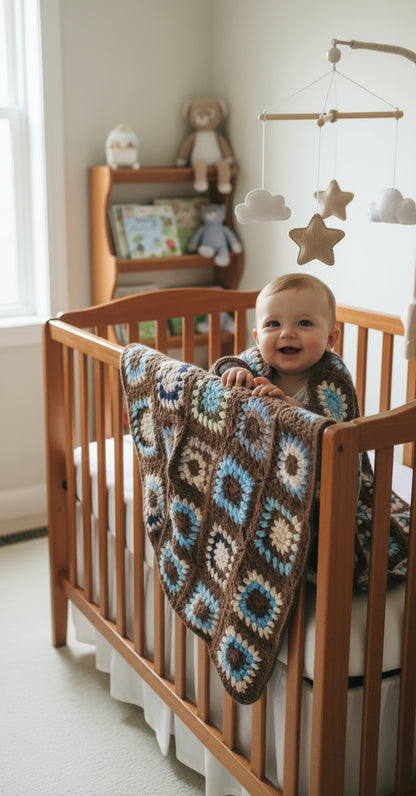 Granny Square Baby Blanket handmade of Browns and Blues for boys and girls
