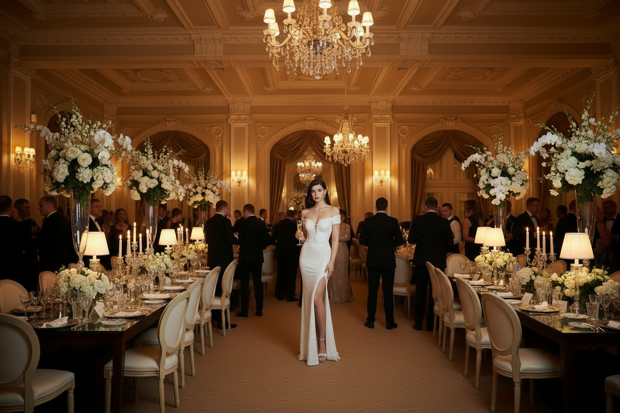 White fitted evening dress with sleeveless bodice and front thigh slit
