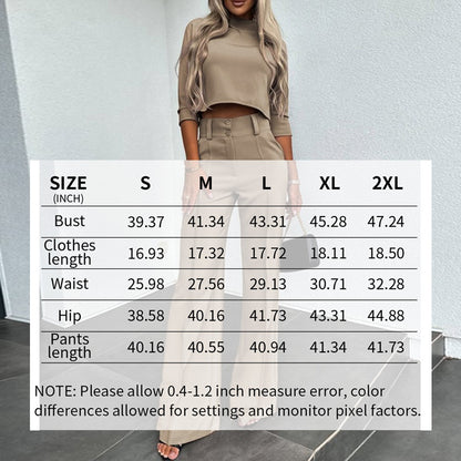 Women's Elegant Solid Color Half Sleeve Short Top With Straight Leg Pants Two-Piece Office Wear Suit With Pockets