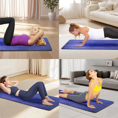 Blue galaxy yoga mat on floor for pilates pose, grippy non-slip surface